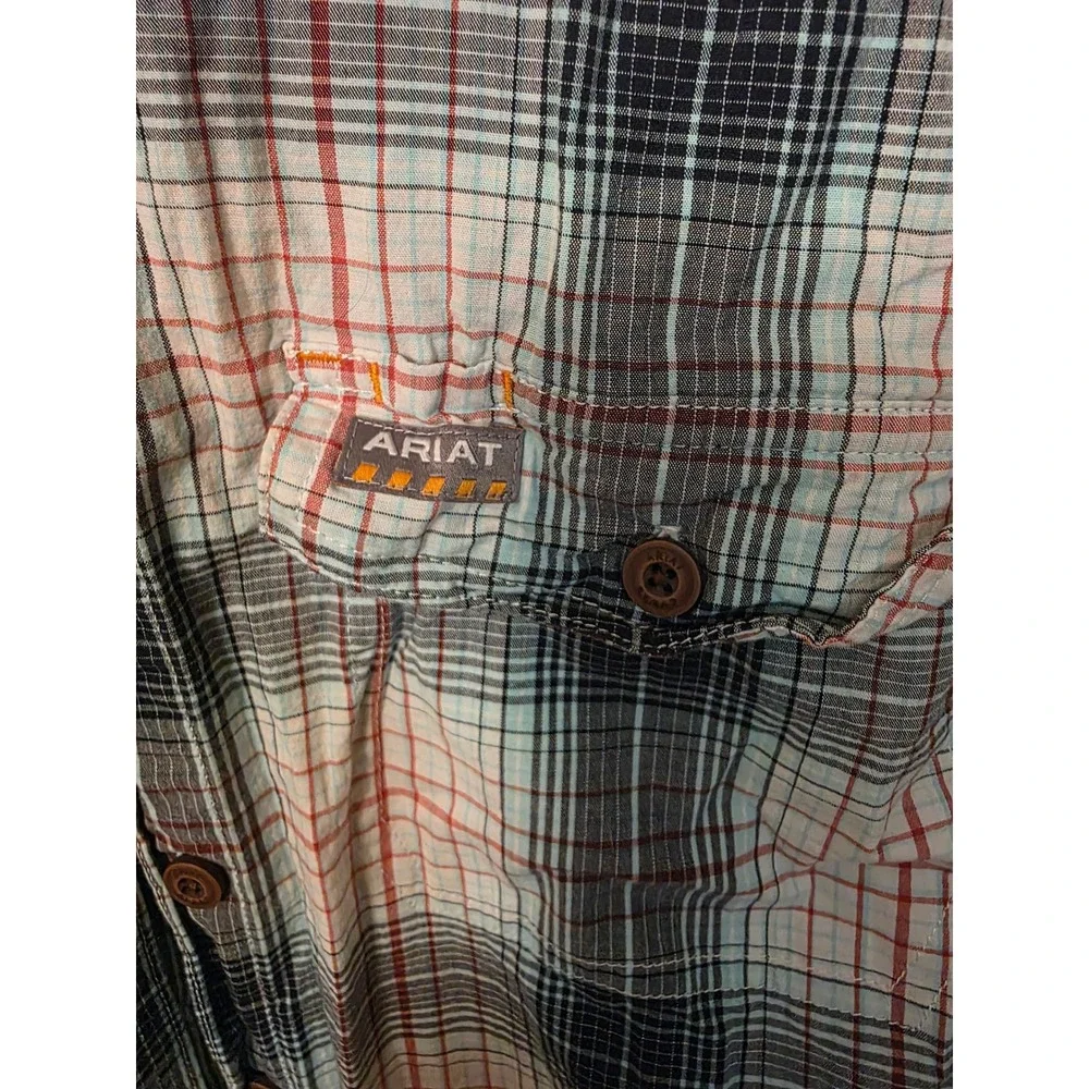 Ariat Rebar Mens Plaid Long Sleeve Work Shirt Blue Orange Button Down Medium